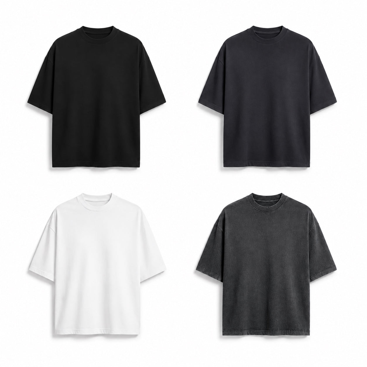 Four plain short-sleeve crew-neck T-shirts arranged in a 2x2 grid on a white background, shown in black, charcoal gray, white, and faded dark gray.