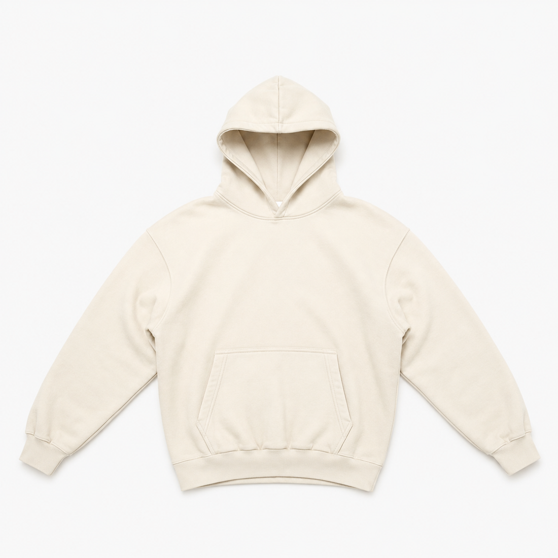 350 GSM midweight cotton blank hoodie in ecru, ready for garment dyeing and corporate or tour merch printing