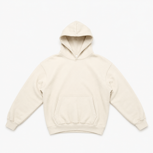 350 GSM midweight cotton blank hoodie in ecru, ready for garment dyeing and corporate or tour merch printing