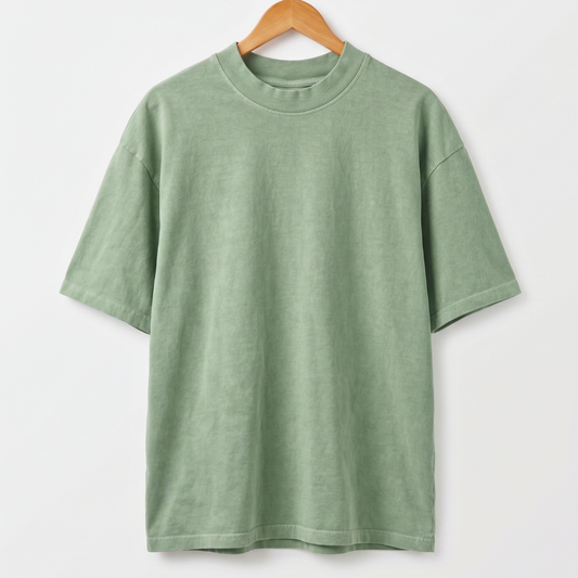 Garment dyed Loden Frost heavyweight blank t-shirt showing custom colour dye finish