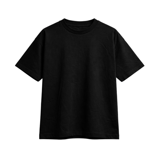 Heavyweight 320 GSM black blank cotton t-shirt on a flat surface, showing the dense knit ideal for DTG, screen print and embroidery