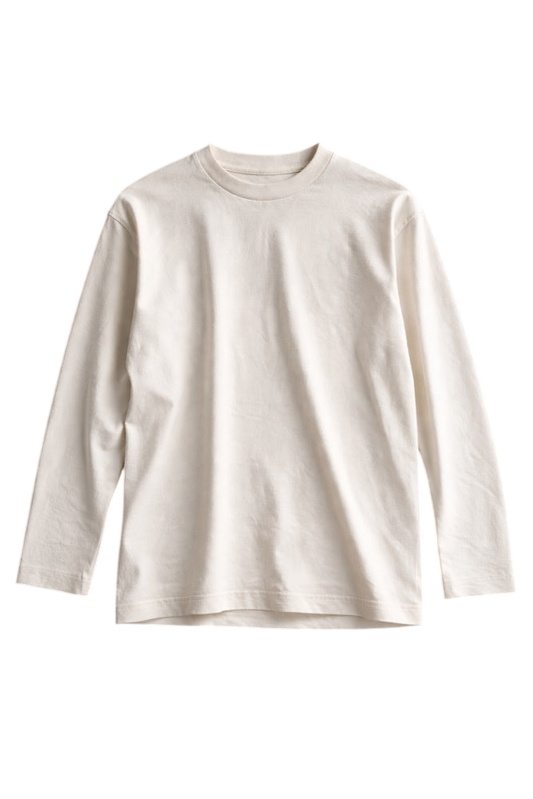 Heavyweight 325 GSM long sleeve t-shirt in natural ecru cotton, the undyed base garment used for custom Pantone garment dyeing at Vend Fabrics UK