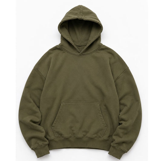Relaxed fit 380 GSM blank hoodie garment dyed in Olive Drab, 100% cotton – Vend Fabrics wholesale
