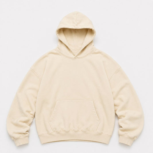 A light cream-colored pullover hoodie with a front kangaroo pocket, laid flat against a clean white background.