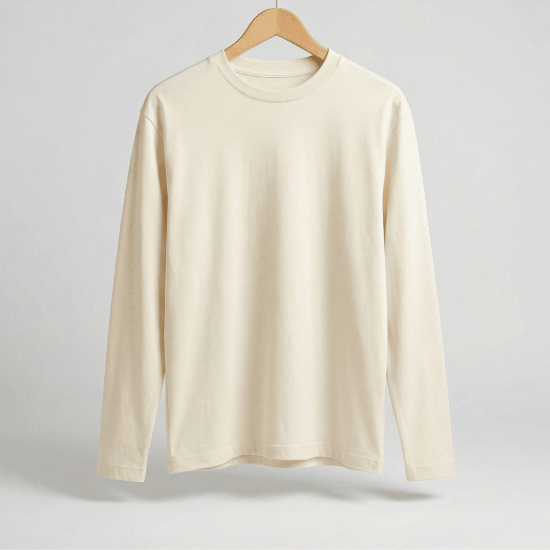Beige long-sleeve shirt on a wooden hanger against a light gray background