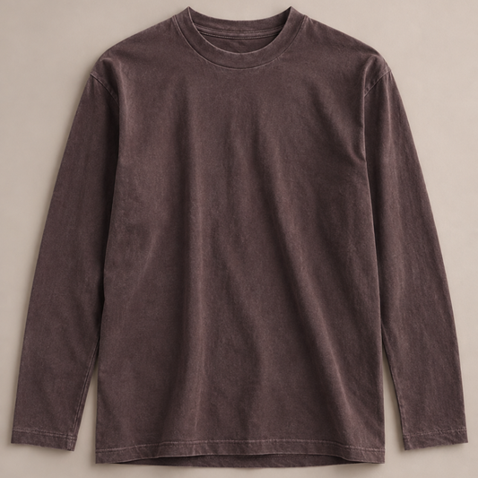 Heavy 325 GSM long sleeve t-shirt garment dyed in Chocolate Torte brown