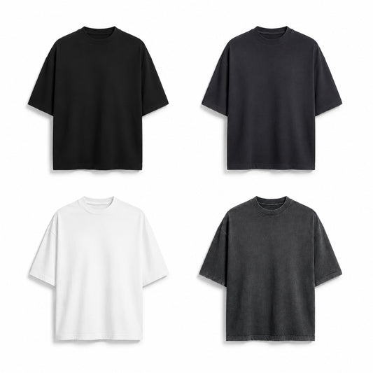 Four plain short-sleeve crew-neck T-shirts arranged in a 2x2 grid on a white background, shown in black, charcoal gray, white, and faded dark gray.