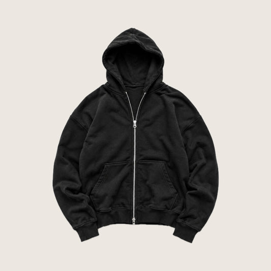 Black 500 GSM heavyweight double zip blank hoodie, front view