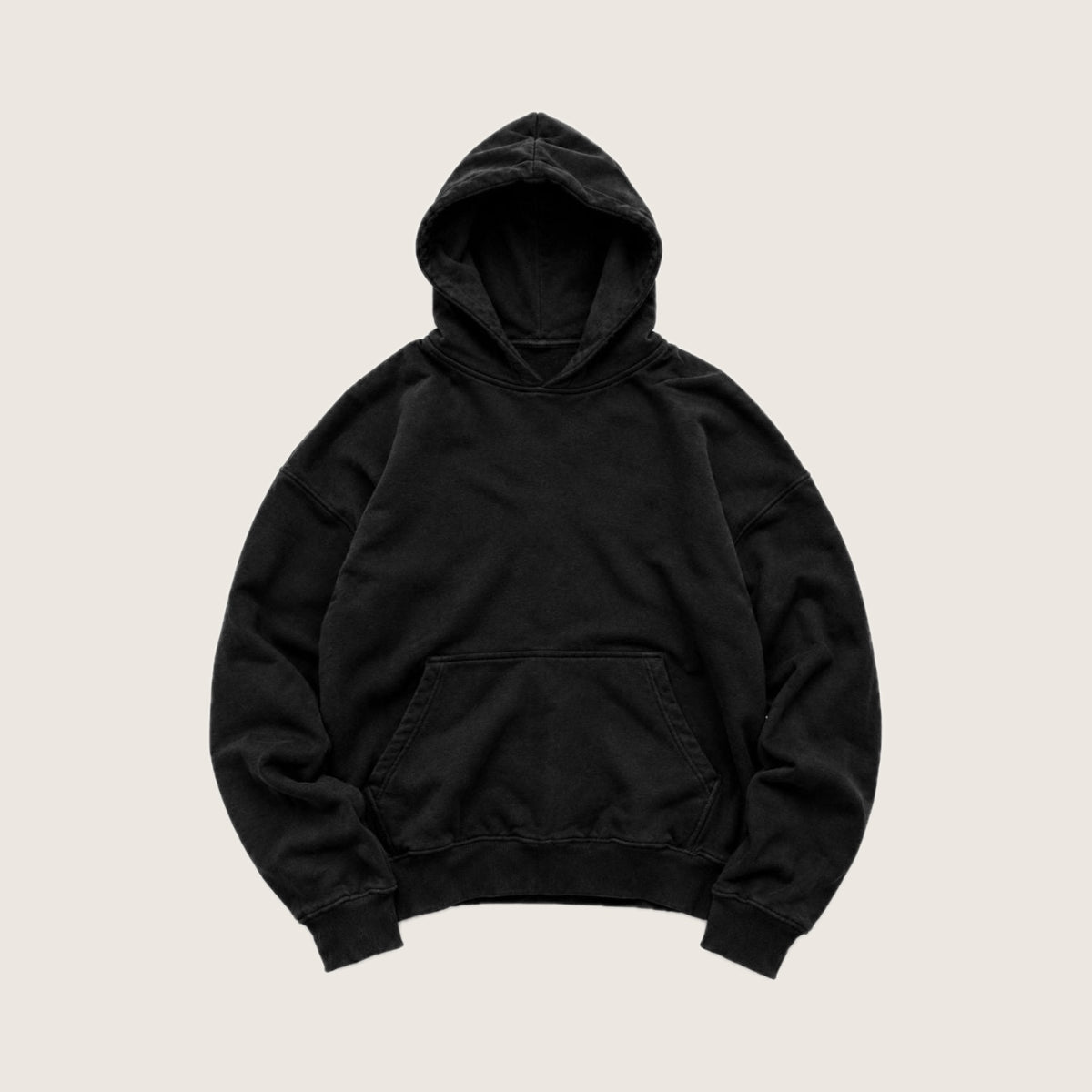 Black 500 GSM heavyweight blank hoodie with kangaroo pocket, front view