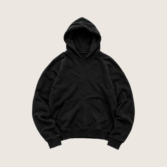 Black 500 GSM heavyweight blank hoodie with kangaroo pocket, front view