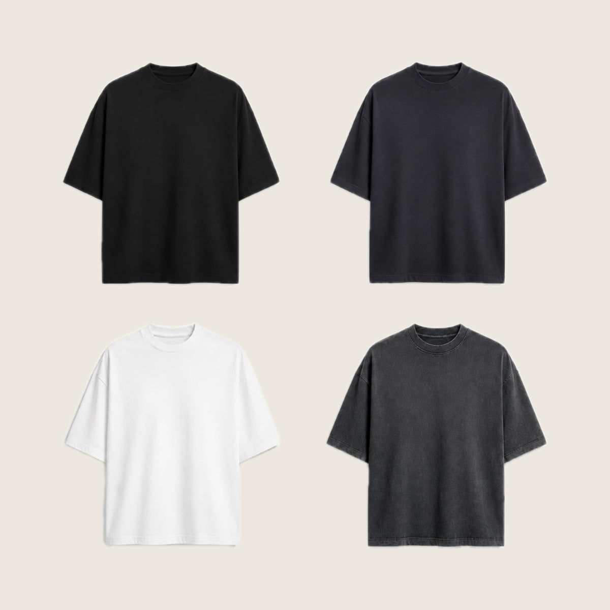 Boxy cropped blank t-shirt bundle in black, charcoal, white and vintage washed black