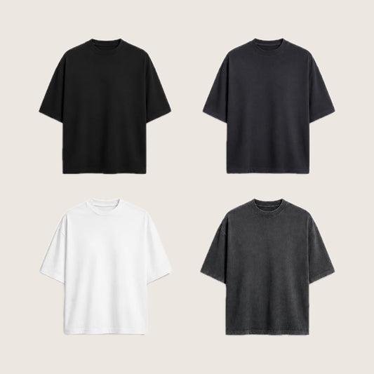 Boxy cropped blank t-shirt bundle in black, charcoal, white and vintage washed black