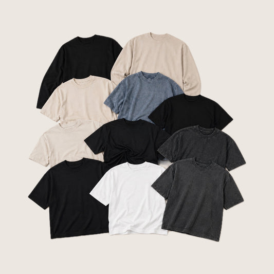 Heavyweight blank t-shirt bundle of 11 tees in black, ecru, white and washed charcoal