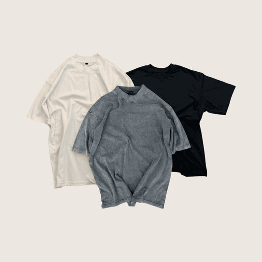 Oversized 300 GSM blank t-shirt 3 pack in ecru, stone wash charcoal and black
