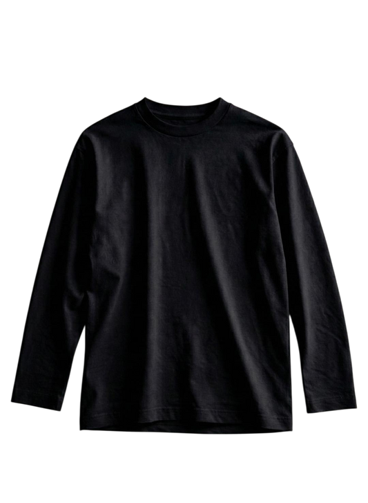 Black long-sleeve shirt on a textured beige background
